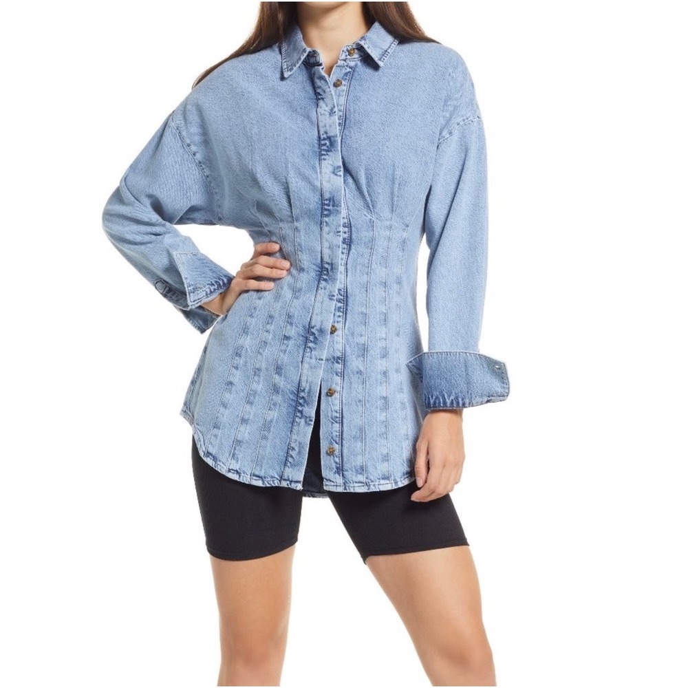 Good American Seamed Long Sleeve Denim Shirtdress Size 4 XL Blue Mini - Picture 5 of 15